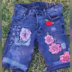 Floral  Ucycled Patchwork Black Denim Jean Shorts